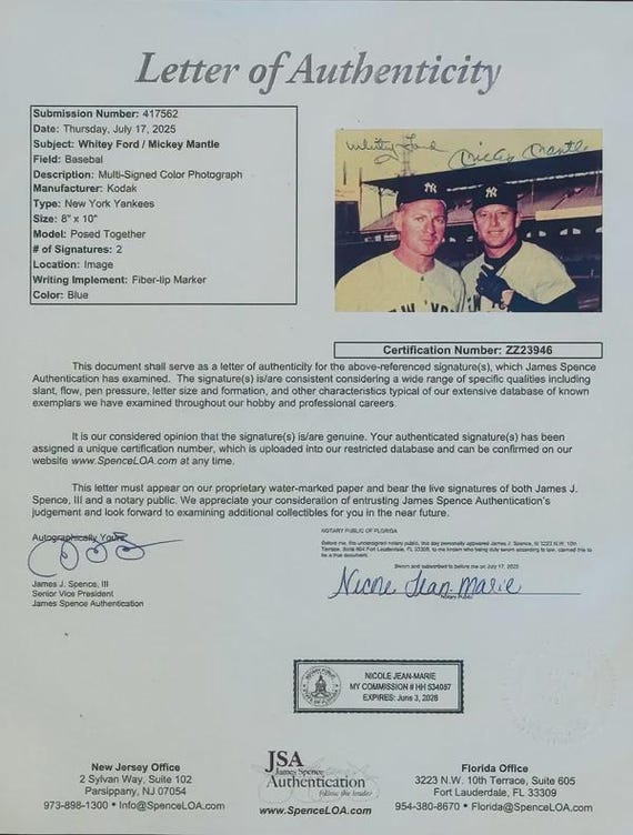 ミッキー・マントル＆ホワイティ・フォード 直筆サイン入り 額入り