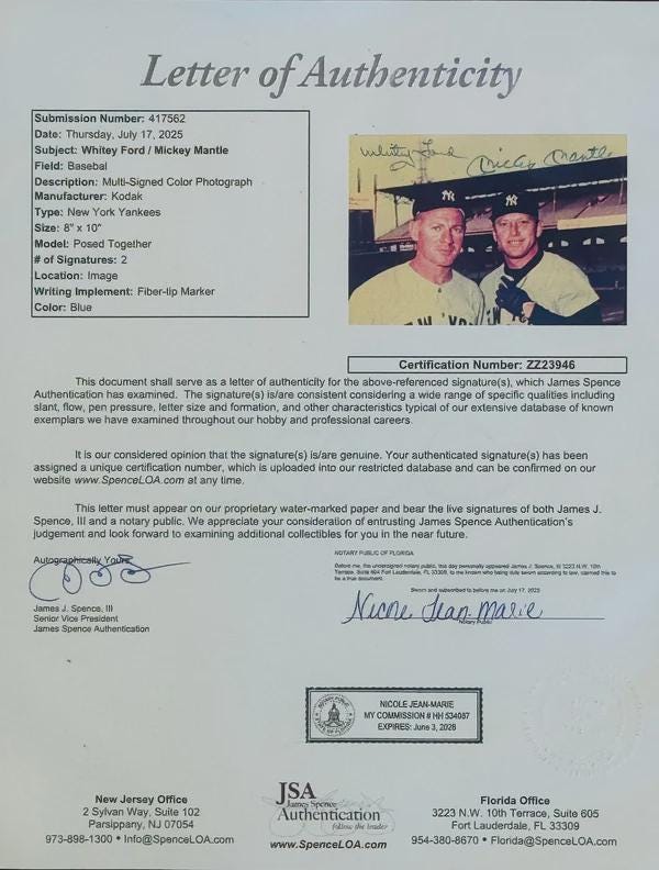 ミッキー・マントル＆ホワイティ・フォード 直筆サイン入り 額入り