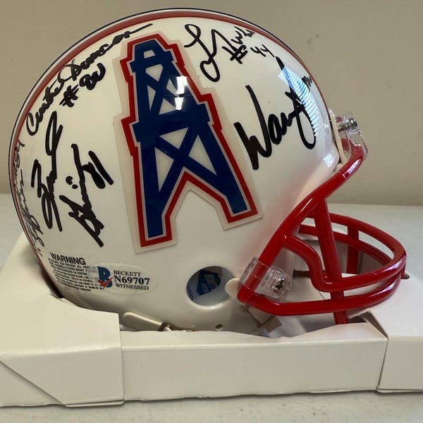 Run N Shoot Moon & Others Autographed Signed Houston Oilers Mini Helmet BECKETT