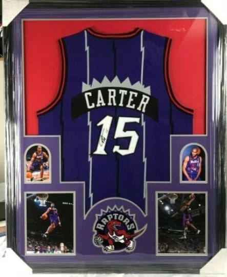 Vince Carter 16x20 Framed 2 Color Game Used Jersey & Photo Display Raptors