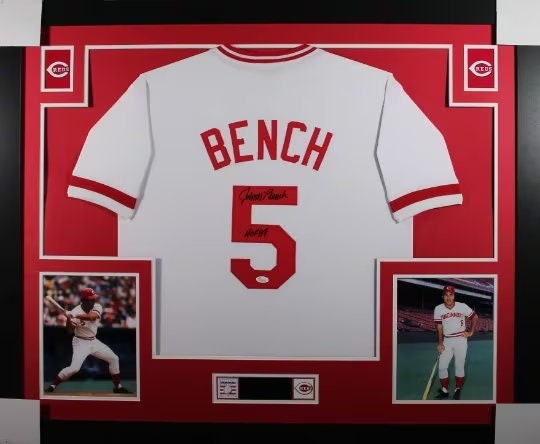 Facsimile Autographed Johnny Bench Cincinnati White Reprint Laser