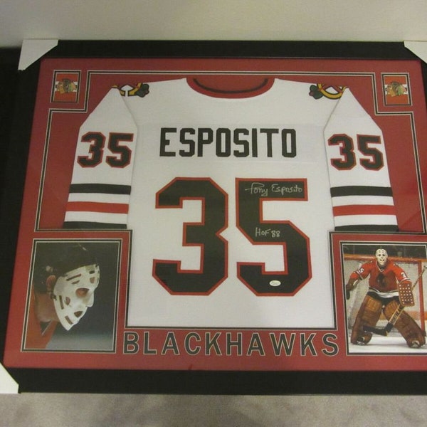 Tony Esposito Signed Autographed Framed Chicago Blackhawks Jersey JSA COA