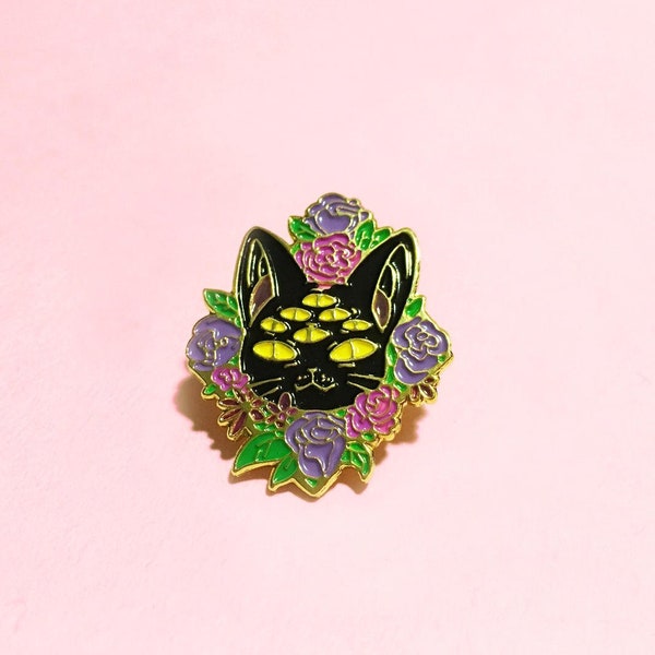 Black cat jewelry / retro enamel pins / creepy pin / cute kitty pin / Cat enamel pin / lapel pin set / weird pins / cute floral pin