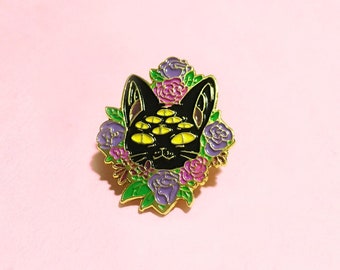 Black cat jewelry / retro enamel pins / creepy pin / cute kitty pin / Cat enamel pin / lapel pin set / weird pins / cute floral pin