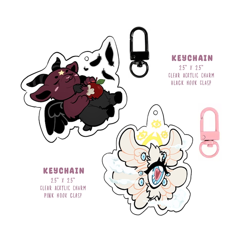 Puede incluir: Dos dijes de llavero de acr&iacute;lico de 2,5 pulgadas. Un dije presenta un demonio rosa y negro sosteniendo una manzana. El otro dije presenta un &aacute;ngel blanco y rosa con m&uacute;ltiples ojos. El dije del demonio tiene un cierre de gancho negro y el dije del &aacute;ngel tiene un cierre de gancho rosa.