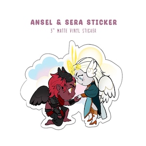 Puede incluir: Una pegatina de vinilo mate de 7,6 cm que representa a un demonio de piel roja con alas negras y un &aacute;ngel de piel blanca con alas blancas. El demonio est&aacute; arrodillado y extiende la mano hacia el &aacute;ngel, que est&aacute; de pie con las alas extendidas. La pegatina tiene un fondo azul claro y rosa con un halo amarillo alrededor del &aacute;ngel.