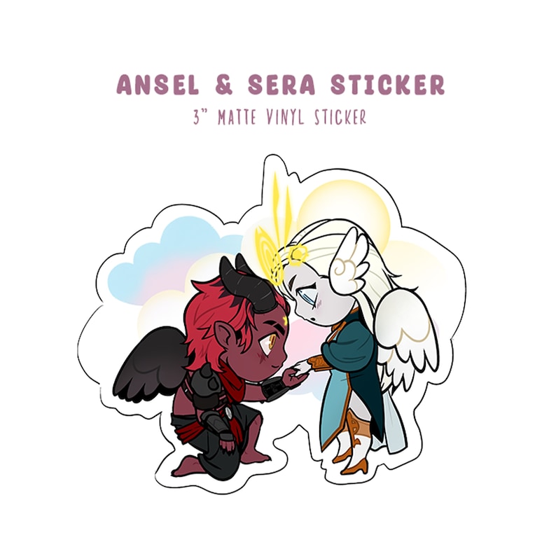 Puede incluir: Una pegatina de vinilo mate de 7,6 cm que representa a un demonio de piel roja con alas negras y un &aacute;ngel de piel blanca con alas blancas. El demonio est&aacute; arrodillado y extiende la mano hacia el &aacute;ngel, que est&aacute; de pie con las alas extendidas. La pegatina tiene un fondo azul claro y rosa con un halo amarillo alrededor del &aacute;ngel.