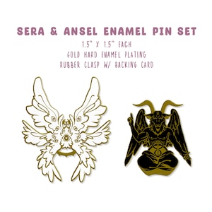 Puede incluir: Un conjunto de dos pines de esmalte de 3,8 cm. Un pin presenta un &aacute;ngel dorado con m&uacute;ltiples ojos. El otro pin presenta un diablo dorado con cuernos y cola. Ambos pines tienen un cierre de goma y una tarjeta de respaldo. SERA & ANSEL ENAMEL PIN SET 1.5" X 1.5" EACH GOLD HARD ENAMEL PLATING RUBBER CLASP W/ BACKING CARD