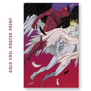 Puede incluir: Una ilustraci&oacute;n digital de dos figuras con alas, una roja y otra blanca, sobre un fondo degradado rosa y morado. La figura roja tiene alas y cuernos negros, mientras que la figura blanca tiene alas blancas y un halo. Ambas figuras est&aacute;n desnudas y tienen plumas cayendo a su alrededor.