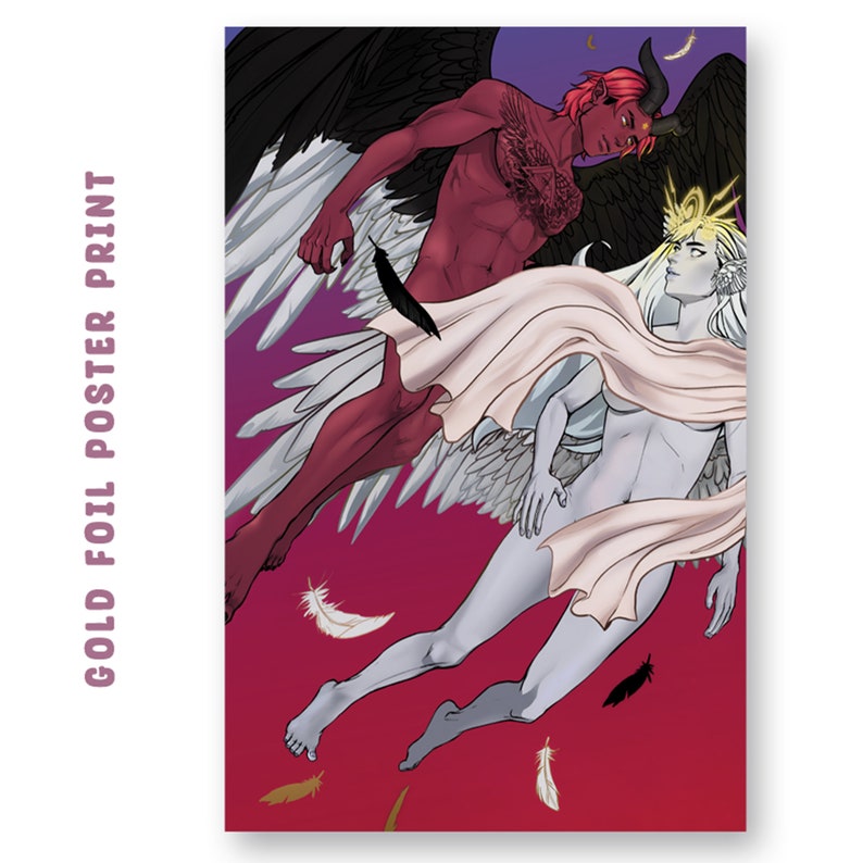 Puede incluir: Una ilustraci&oacute;n digital de dos figuras con alas, una roja y otra blanca, sobre un fondo degradado rosa y morado. La figura roja tiene alas y cuernos negros, mientras que la figura blanca tiene alas blancas y un halo. Ambas figuras est&aacute;n desnudas y tienen plumas cayendo a su alrededor.