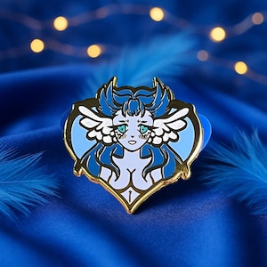 Angel Girl Enamel Pin • Blue Fantasy Hard Enamel Pin • Cute Celestial Aesthetic • Winged Character Art • Goth Angel Lapel Pin