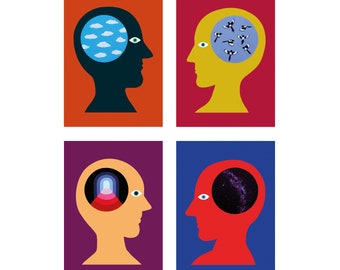 Set of 4 Head-Profile Surreal Contemporary Art Postcards
