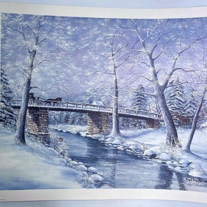 May include: A winter scene painting of a covered bridge over a stream with snow-covered trees and a horse-drawn carriage crossing the bridge. The painting is signed by Fred  Houser '85.