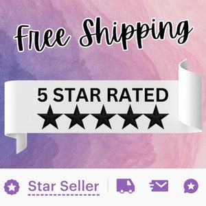 May include: A white banner with the text "5 STAR RATED" and five black star icons. The banner is on a pink and purple watercolor background. The text "Free Shipping" is above the banner. The text "Star Seller" is below the banner with a star icon. There are also icons for shipping, email, and a chat bubble.