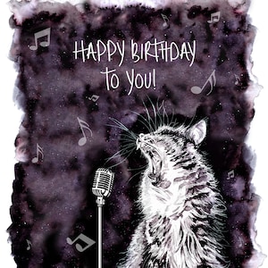 Joyeux anniversaire chat chantant aquarelle encre Art vierge A5 carte de voeux cri drôle chanter miaou violet chaton ragdoll maine coon norvégien