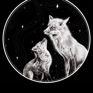 Renards noir et blanc Art A5 carte de voeux dessin croquis peinture bébé ourson ciel nocturne étoiles espace lune oeuvre stylo encre animal faune