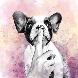 Französische Bulldogge Welpe Hund Aquarell Malerei Kunst A5 Blanko Grußkarte frenchie Rasse gelb pink niedliches Baby