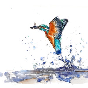 Martim-pescador em voo aquarela arte A5 cartão de felicitações em branco pássaro vida selvagem animal britânico azul pintura desenho esboço penas água