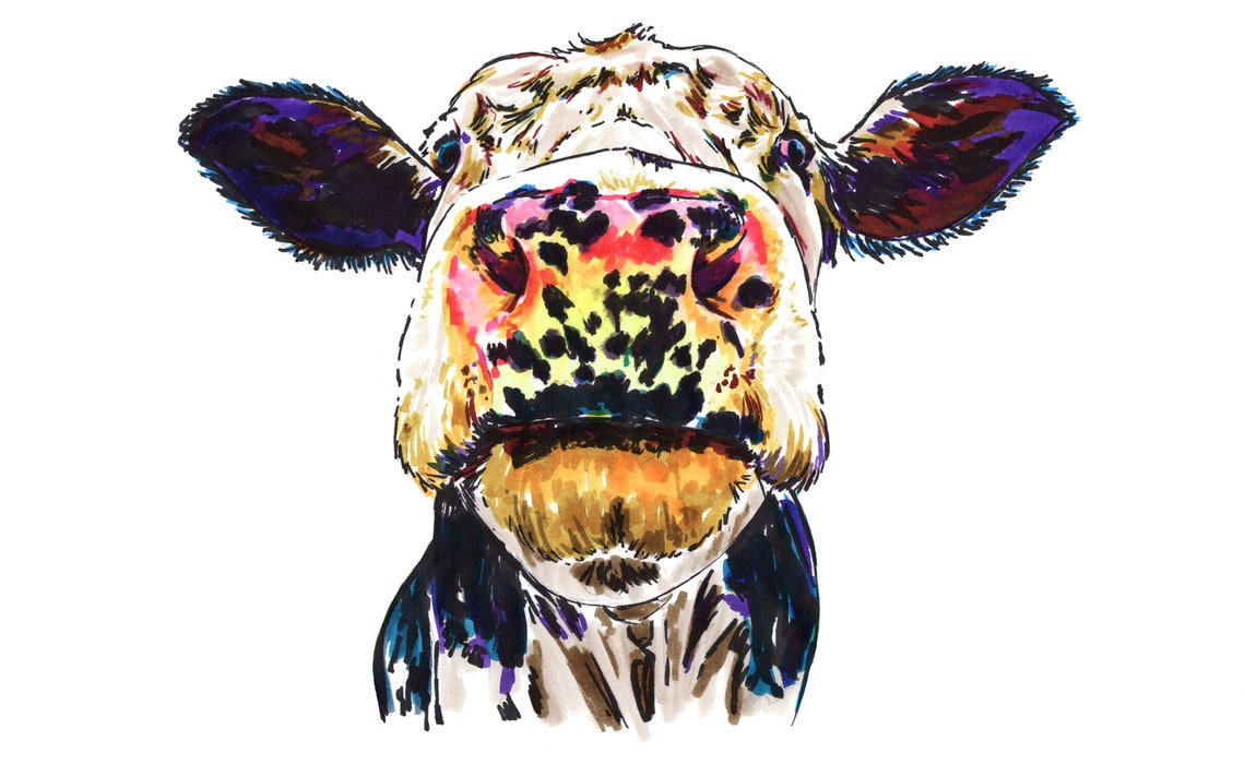 Cow Marker Pen Art Blank A5 Greeting Card Farm Animal Moo Farmyard