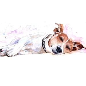 Sleeping Jack Russell Terrier Dog Watercolour Painting A5 Blank Greeting Card Art breed cute sleep tired