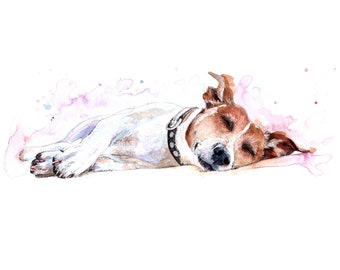 Sleeping Jack Russell Terrier Dog Watercolour Painting A5 Blank Greeting Card Art breed cute sleep tired