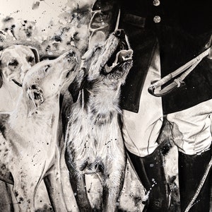 Maestro de la caza Sabuesos Perro Pintura Arte A5 Tarjeta de felicitación en blanco caza de zorros country pluma deportiva tinta negro blanco campo tradicional británico