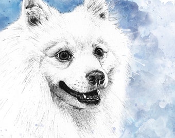 Japanese Spitz Dog Art A5 Blank Greeting Card breed Pomeranian German white fluffy painting blue drawing sketch pet animal puppy crufts pup