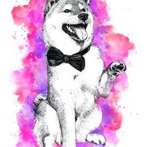 Shiba Inu cane acquerello arte A5 biglietto d'auguri vuoto disegno penna inchiostro pittura razza cucciolo papillon zampa animale domestico carino giapponese shibe doge rosa rosso