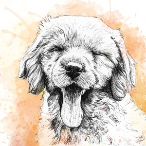 Cavapoo cucciolo acquerello arte A5 biglietto di auguri vuoto cuccioli di cane sbadiglio carino sonnolento arancione doodle razza cavachon cockerpoo cockapoo pittura