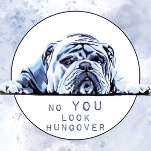 Bulldog Hungover Dog Artwork A5 Tarjeta de felicitación en blanco raza azul arrugas sueño divertido grosero cumpleaños matón inglés británico gruñón triste lindo