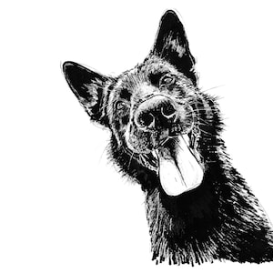 Duitse herder Pen en inkt tekenen kunst A5 blanco wenskaart ras Mechelse herder Belgische huisdier ras crufts zwarte dierensport Elzasser pup