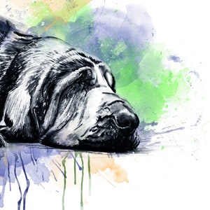 Bloodhound cane pittura ad acquerello A5 cartolina d'auguri vuota razza segugio blu verde che dorme assonnato sonno cadente