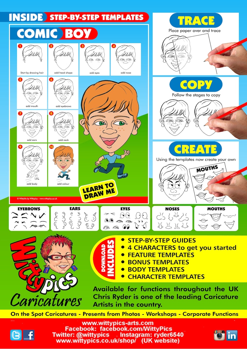 How to Draw Cartoon Faces, Printable Cartoon Kit, Easy Step by Step ...