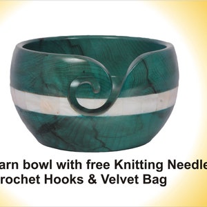 Green Stain Mango wood yarn bowl with free knitting needles and crochet hooks