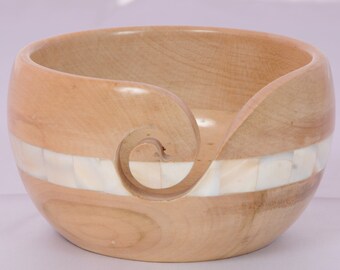 Maplewood Yarn Bowl with Mother of Pearl Inlaid with free Knitting needle and Crochet hook