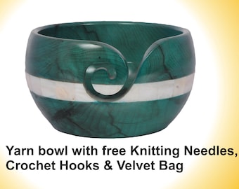 Green Stain Mango wood yarn bowl with free knitting needles and crochet hooks