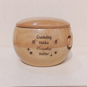 Wood yarn bowl with Lid 6x3.5 - Perfect Personalized Yarn Holder for Knitting & Customize Your Message For Your Loved One.