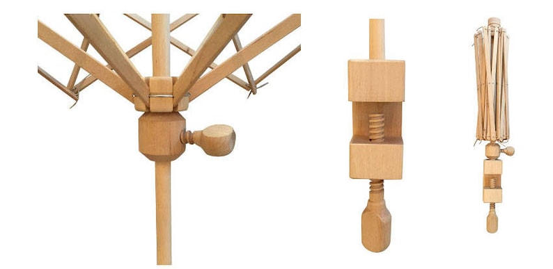 May include: A wooden knitting loom with a crank handle. The loom is made of natural wood and has a circular shape. The loom is folded up and ready to be used.
