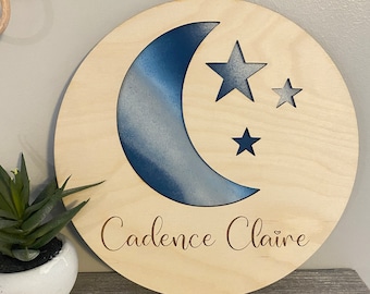 Custom Moon and Stars Sign with Name, Nursery Name Sign, Baby Name Sign, Moon Nursery Decor, Round Name Sign, Baby Shower Gift, Moon Gift