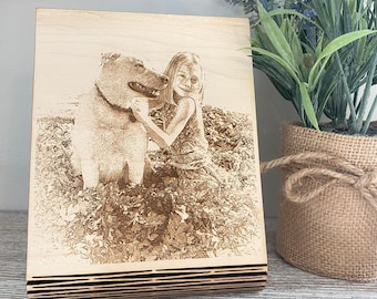 Custom Pet Portrait | Photo Engraved Pet Memorial | Gift for Dog Mom | Personalized Dog Portrait | Cat Lover Gift | Wooden Engraved Photo