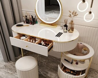 Contemporary vanity mirror set with lights dressing table mirror makeup table wood drawer dresser