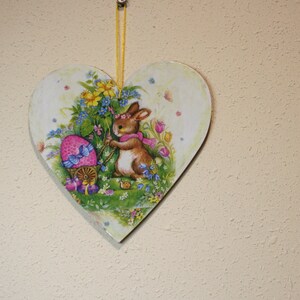 Coniglietto e uova di Pasqua 20 cm placca a cuore in legno, decorazione primaverile, decorazione murale di Pasqua, biglietto di auguri pasquali, buona Pasqua, regalo per Pasqua