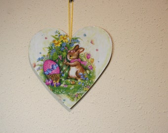 Hase und Ostereier 20 cm Holz Herz Schild, Frühling Deko, Oster Wanddekoration, Ostergrußkarte, frohe Ostern, Geschenk zu Ostern