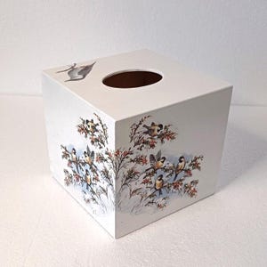 tissue box winter birds, titmouse in snowy tissue box holder, square tissue box cover, Christmas decor in, winter home decor, Christmas gift