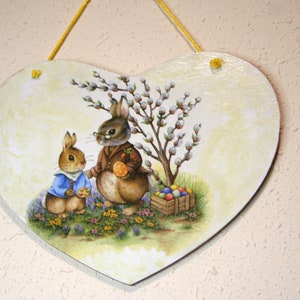 Simpatici conigli pasquali placca cuore in legno da 18 cm, arredamento primaverile, decorazione murale pasquale, biglietto di auguri pasquale, buona Pasqua, regalo per Pasqua