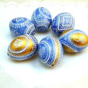 6 pcs easter eggs, blue gold pysanky, real chicken eggs, pysanky eggs, set of 6 pcs real Easter eggs, Easter decoration, collectable gift