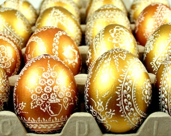 uova di Pasqua, uova d'oro, pysanka d'oro, pysanky decorato a mano, arte dell'uovo, regalo unico