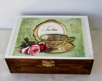 wood tea box with cup, tea storage box with roses, kitchen decoration, tea bag organizer holder storage, gift for tea lovers