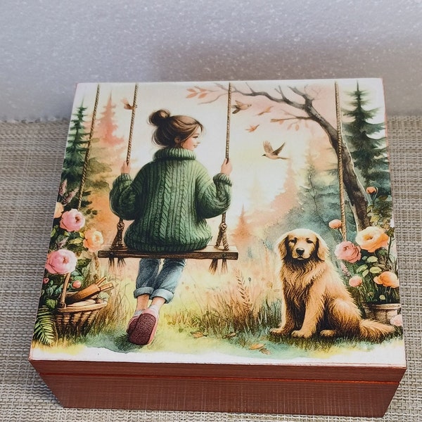 personalized box for teenage girl, jewelry storage box, cute storage box, girl with dog, gift for her, gift for friend, gift for teenage