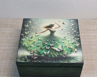 danse avec des papillons, boîte à bijoux ballerine en robe verte, boîte de rangement de bijoux, jolie boîte de rangement, cadeau pour elle, cadeau pour une amie